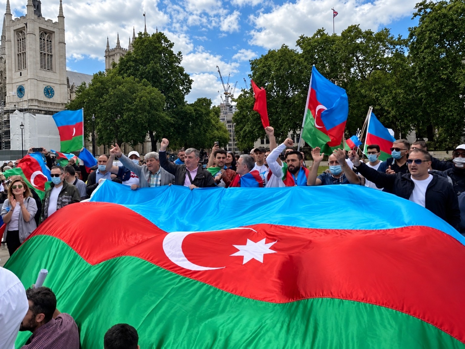 Azerbaijani community gathering in London with Azerbaijani flags