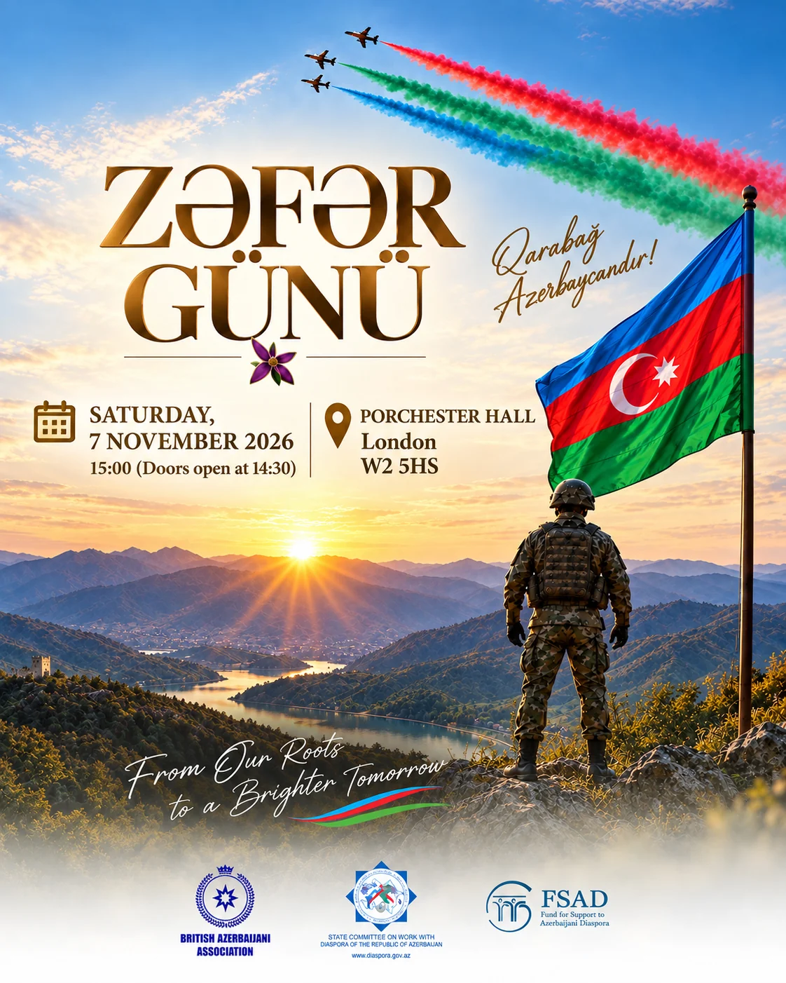 Zəfər Günü — Victory Day 2026 event poster, 7 November at Porchester Hall